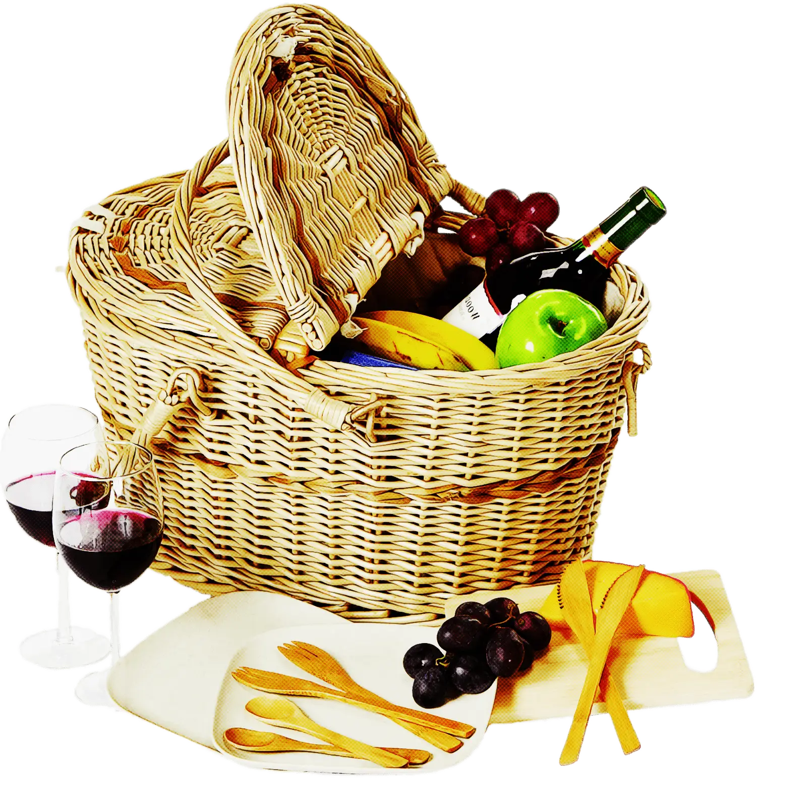 Rustic Picnic Basket with Food and Drink Illustration