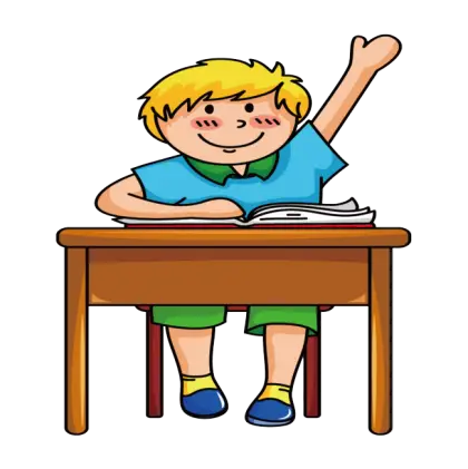 Cartoon Boy Sitting at Desk Raising Hand