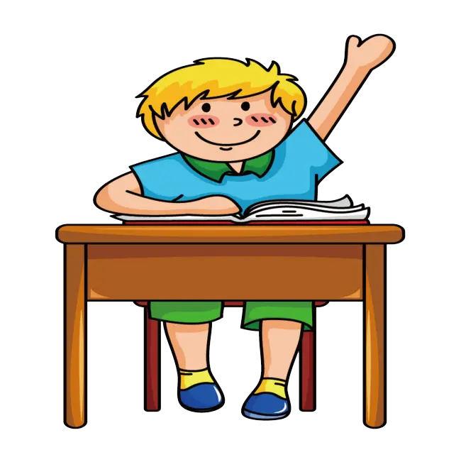Cartoon Boy Sitting at Desk Raising Hand