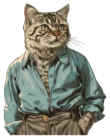 Cat in Blue Shirt with Hands in Pockets