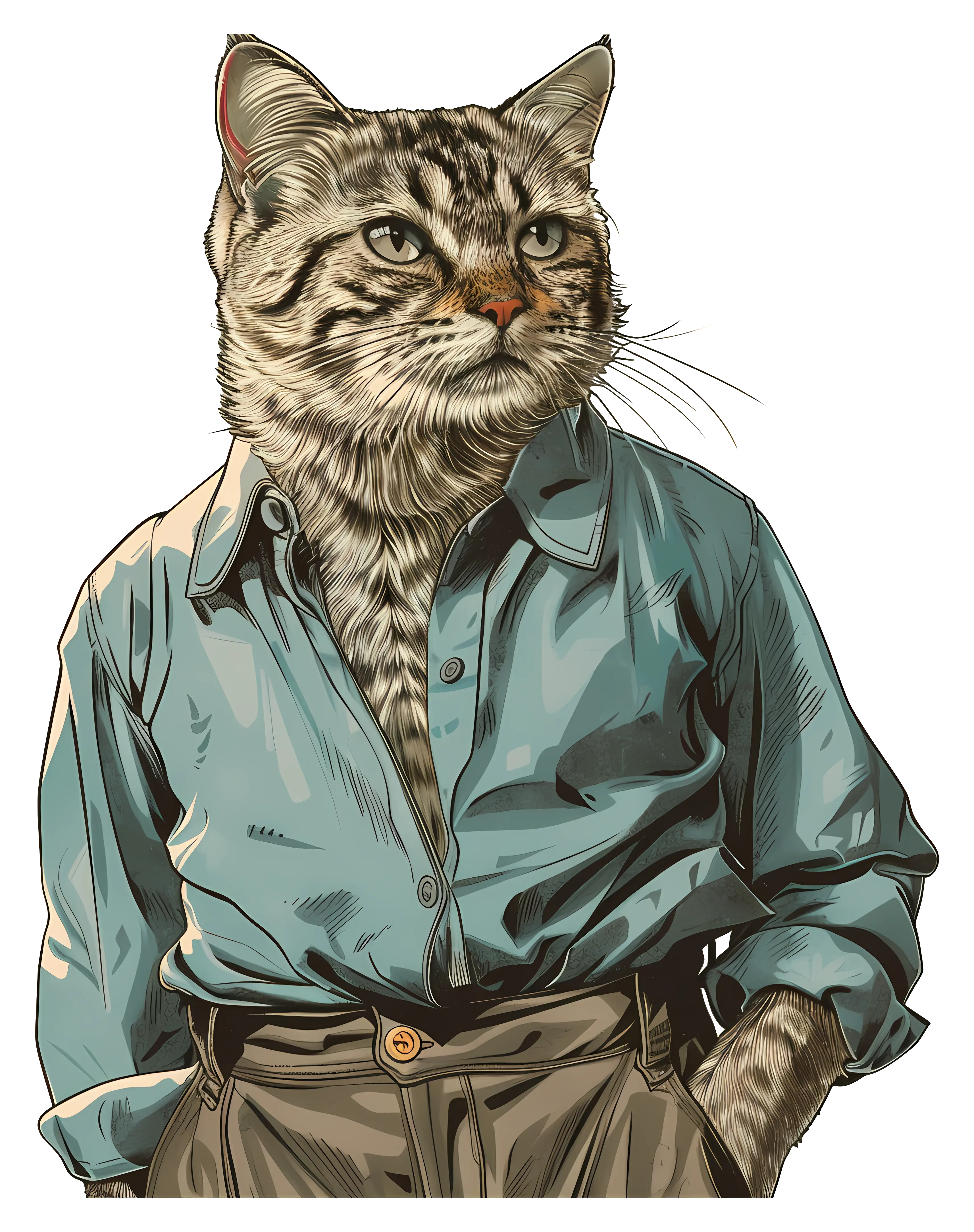 Cat in Blue Shirt with Hands in Pockets