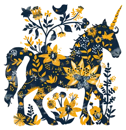 Navy and Yellow Floral Unicorn Illustration
