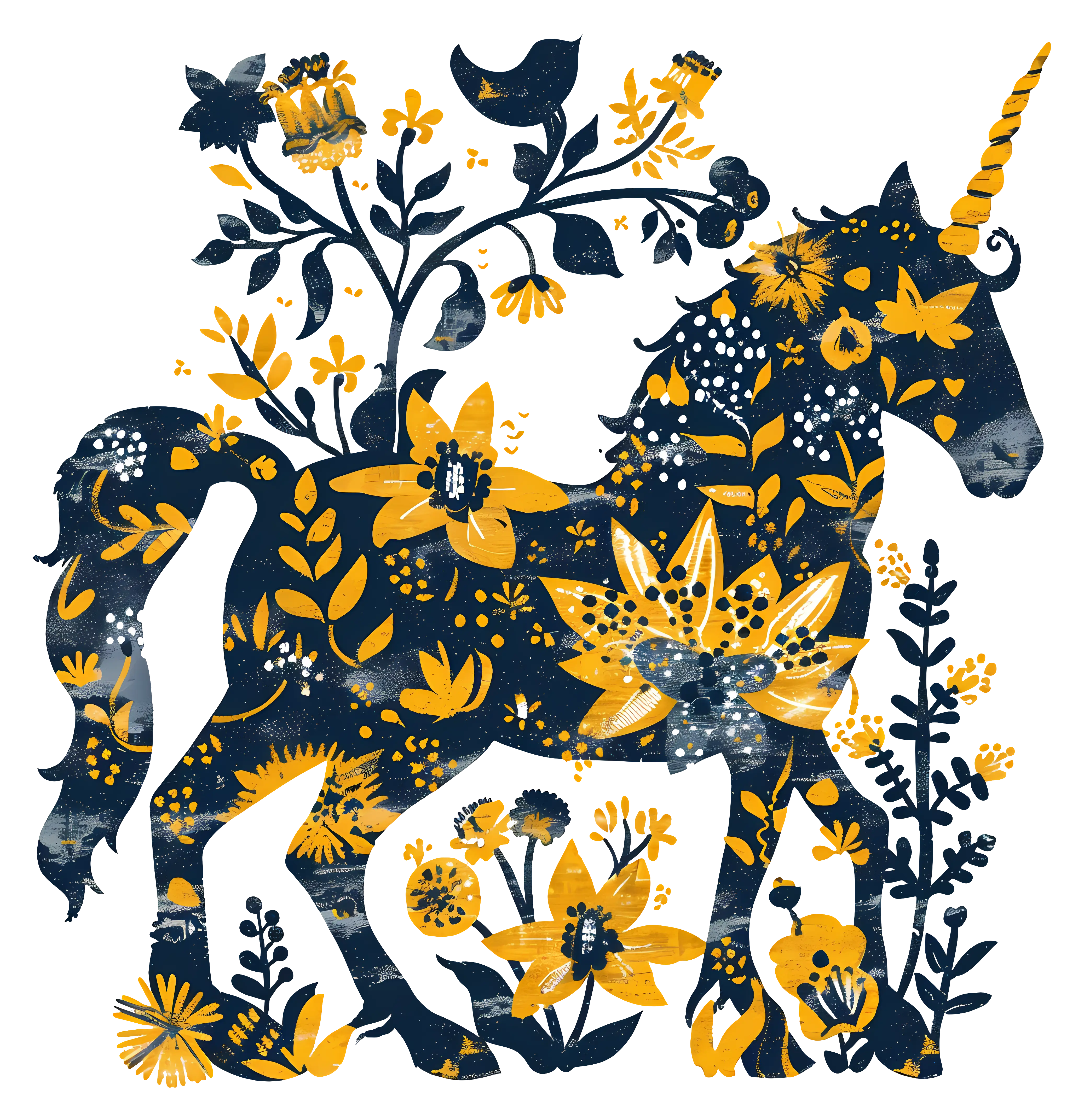 Navy and Yellow Floral Unicorn Illustration