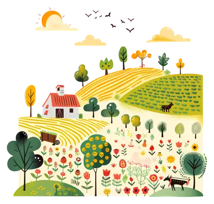 Animated Farm Landscape with Fields and Trees