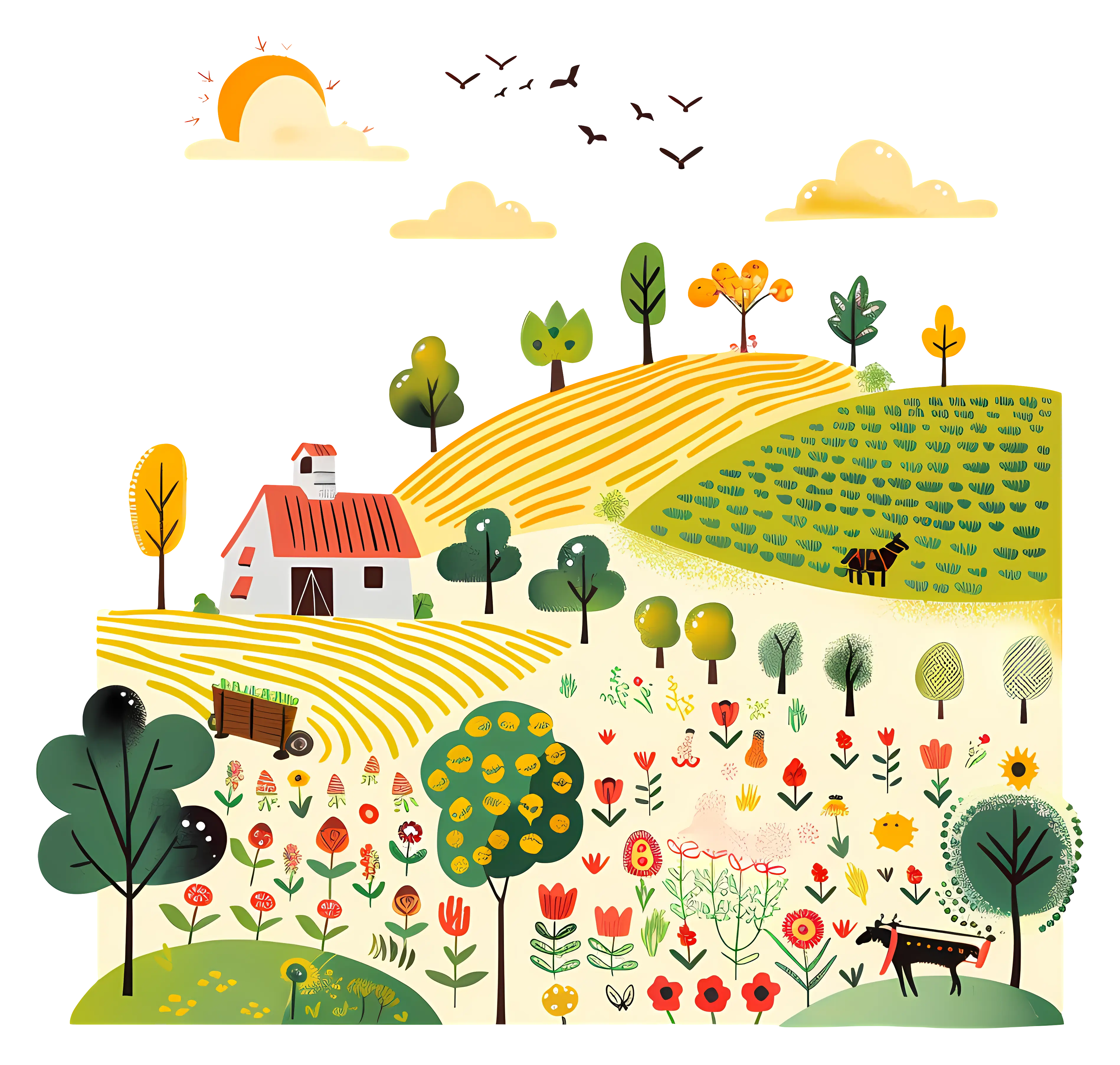 Animated Farm Landscape with Fields and Trees