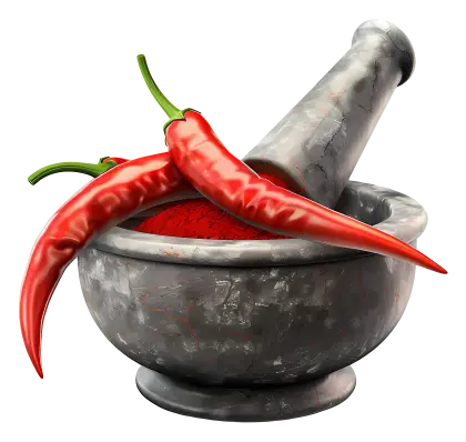 Mortar and Pestle with Red Chili Peppers
