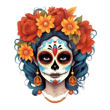 Sugar Skull Face with Flowers for Dia de los Muertos