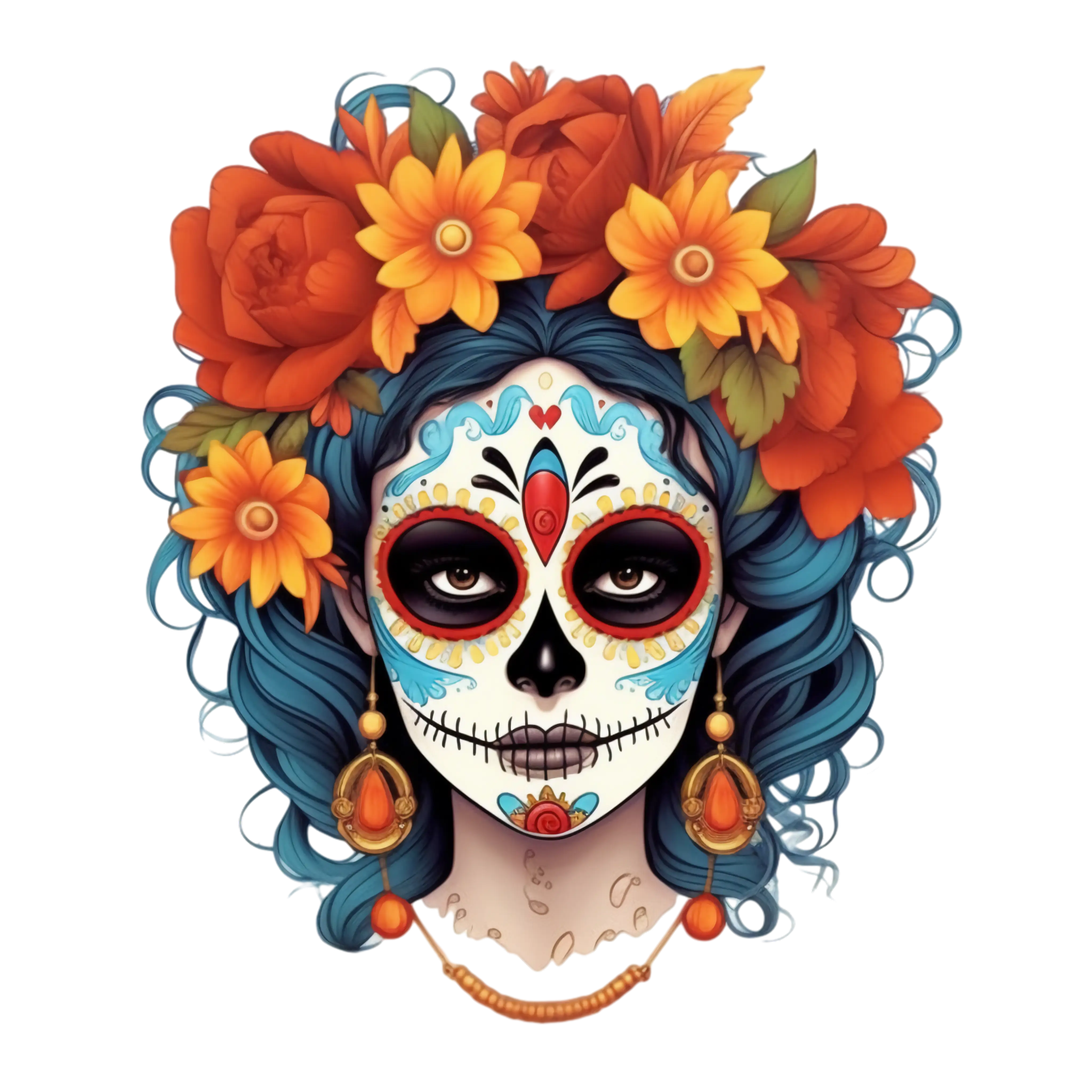 Sugar Skull Face with Flowers for Dia de los Muertos