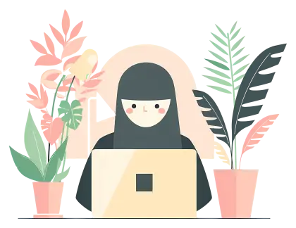 Illustration of Person Working on Laptop with Indoor Plants