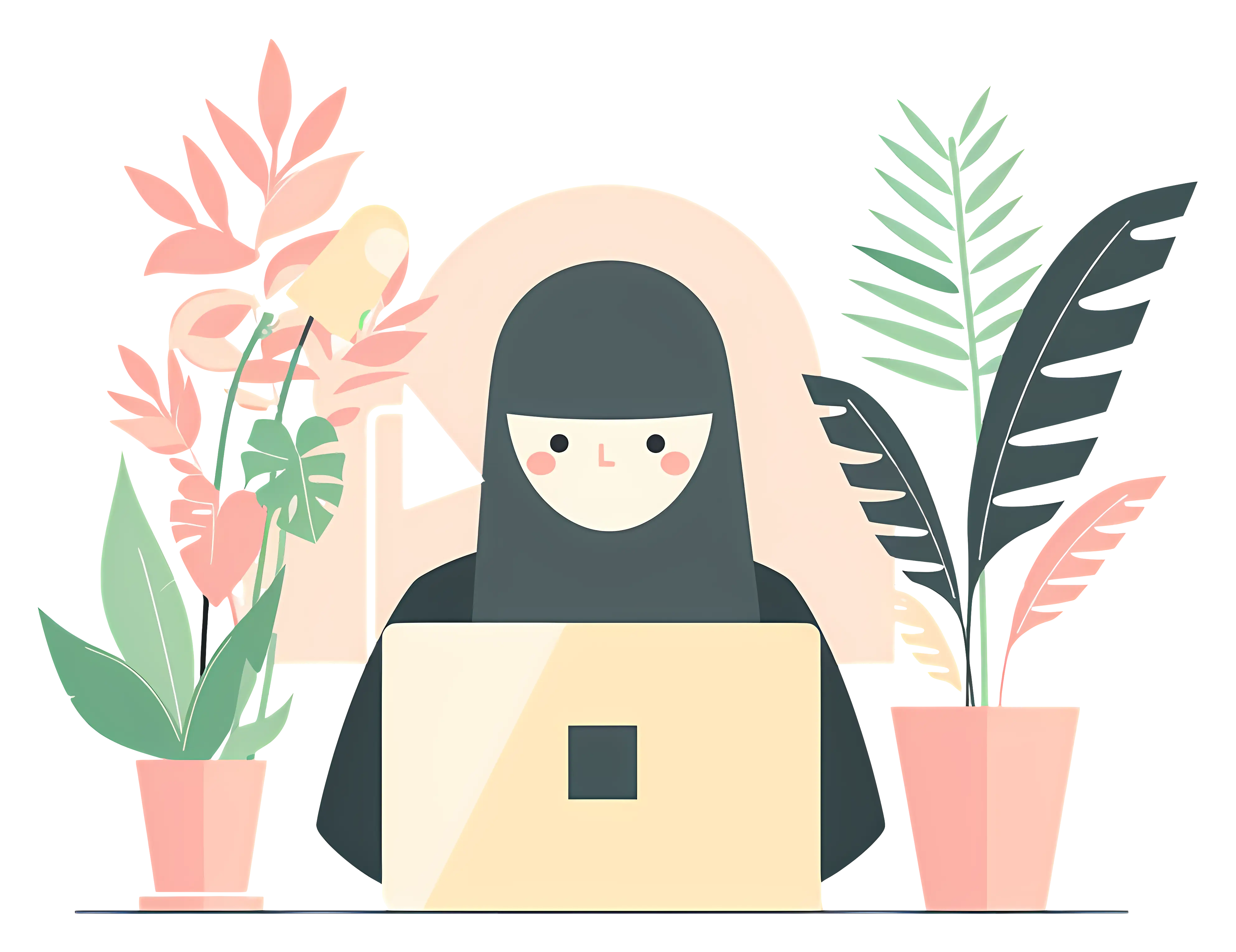 Illustration of Person Working on Laptop with Indoor Plants