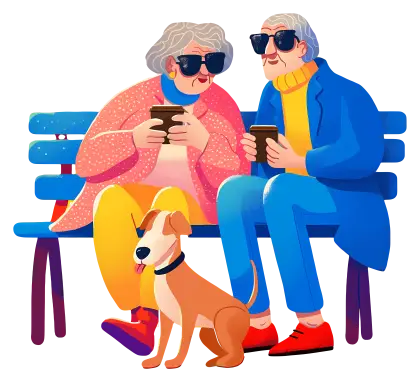 Elderly Couple with Dog on Bench