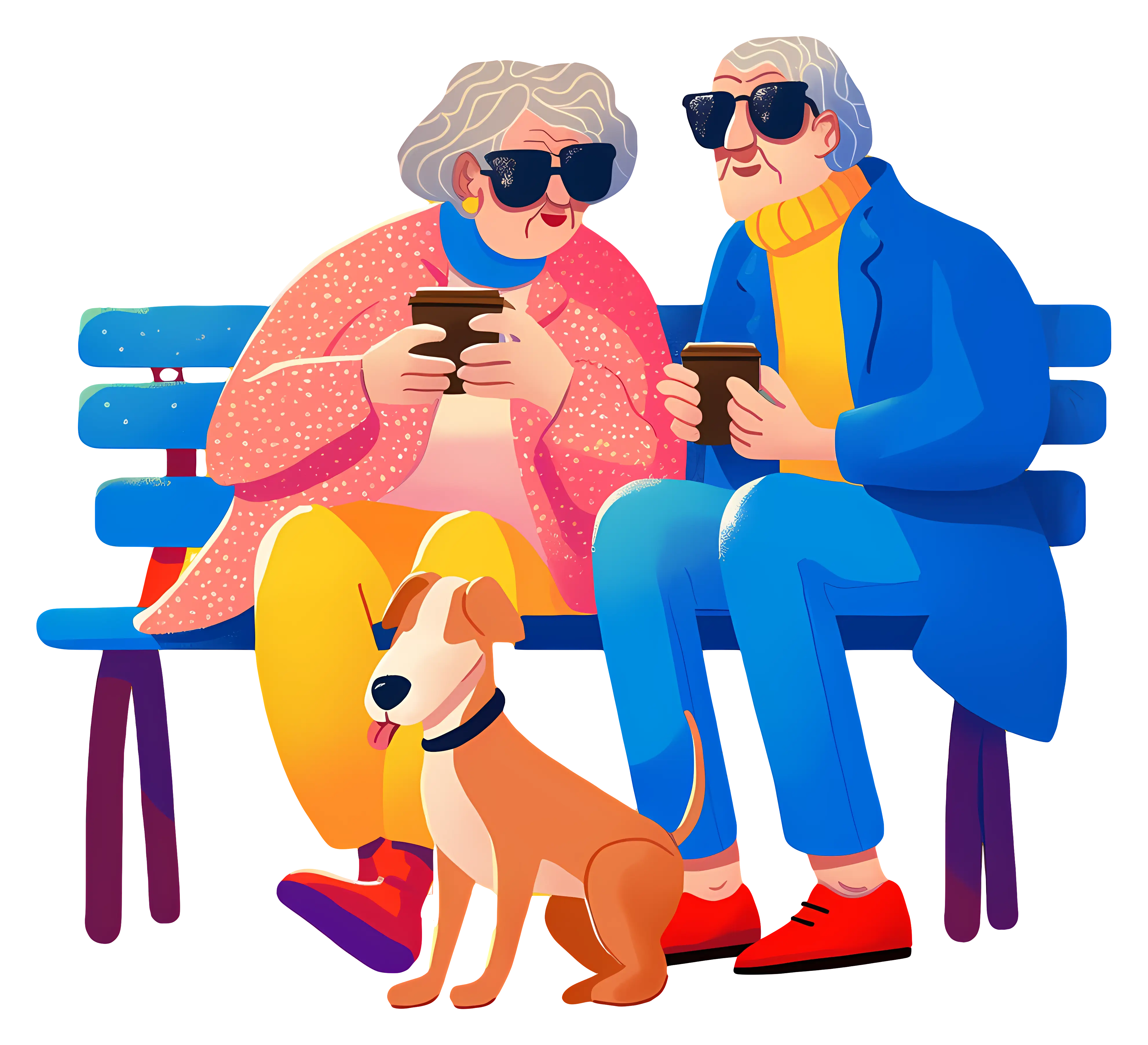 Elderly Couple with Dog on Bench