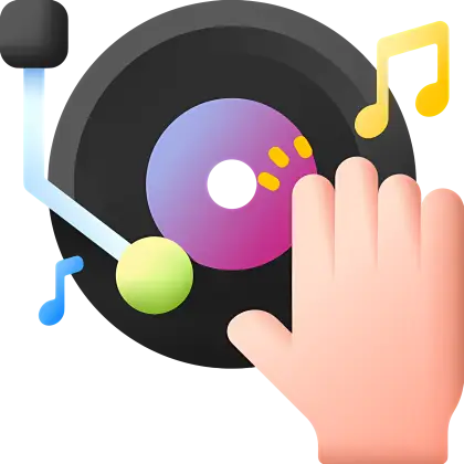 DJ Turntable with Hand and Music Notes