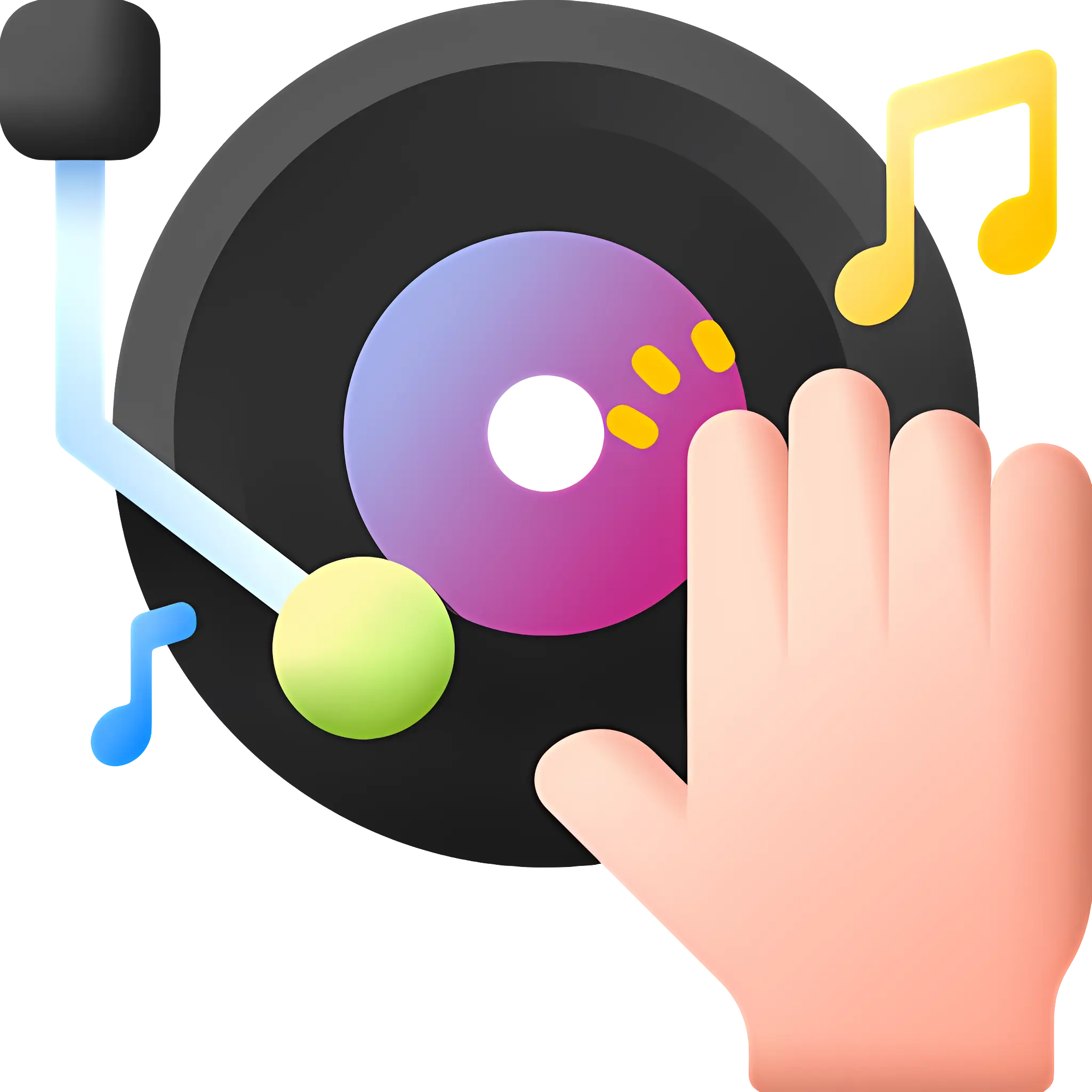 DJ Turntable with Hand and Music Notes