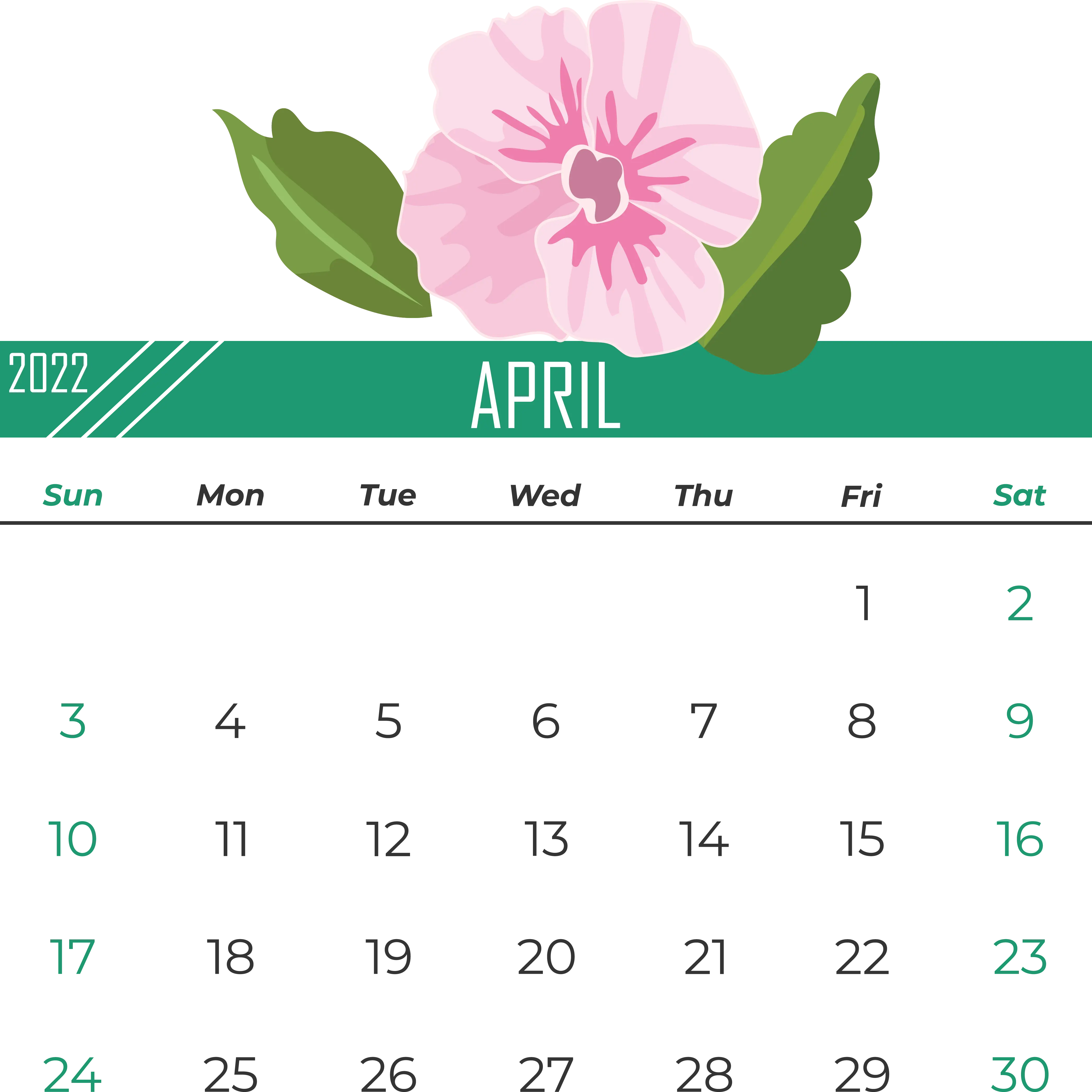 April 2022 Calendar with Pink Flower Decoration