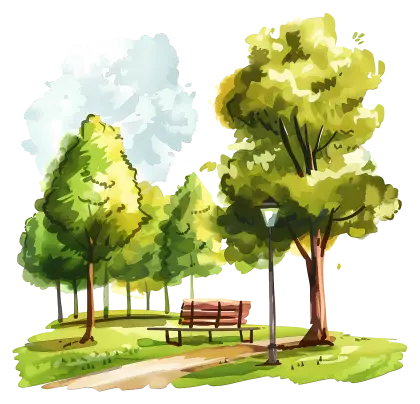 Park Scene with Pathway and Green Trees