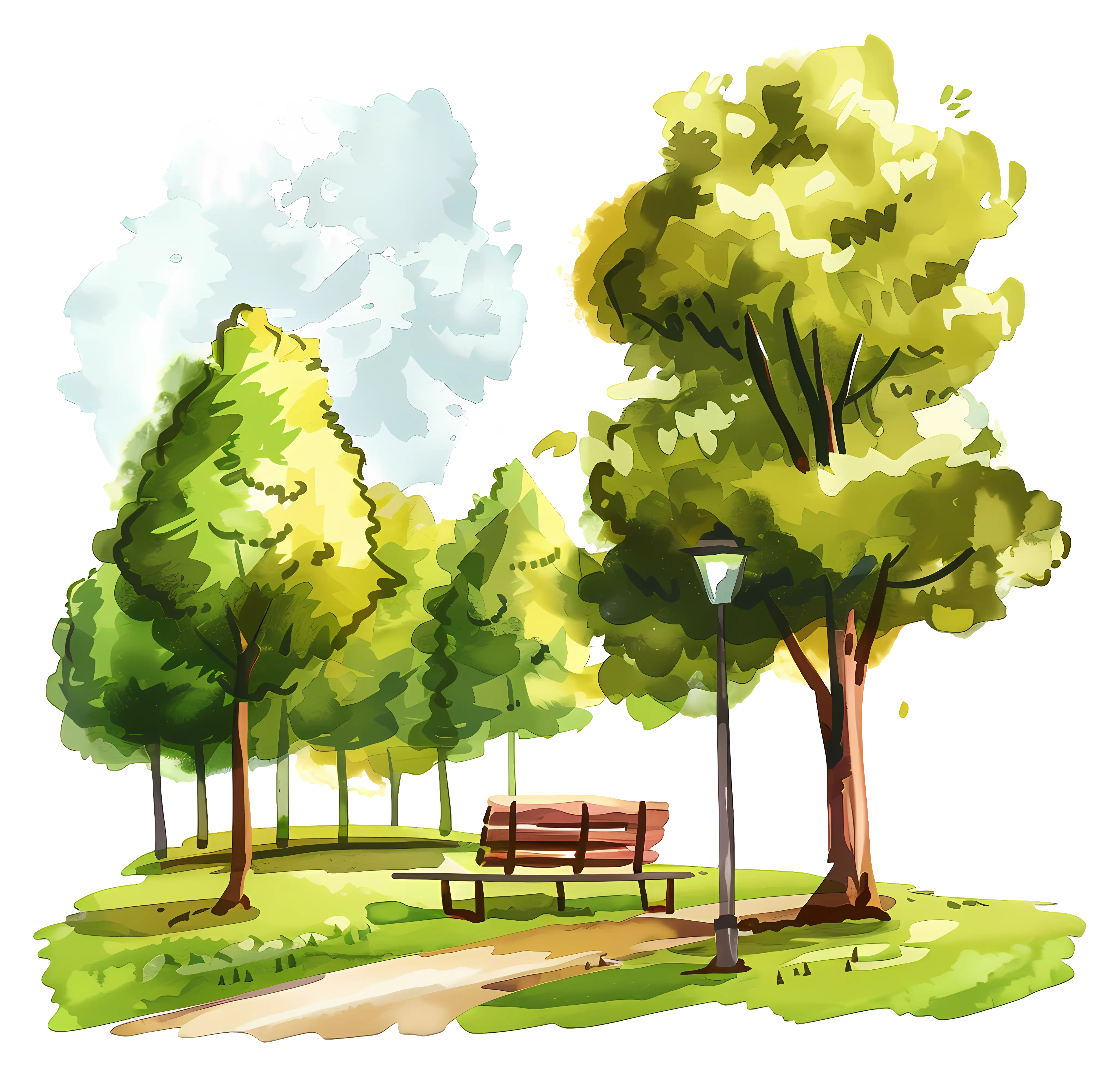 Park Scene with Pathway and Green Trees