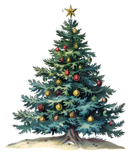 Decorated Green Christmas Tree with Ornaments and Star