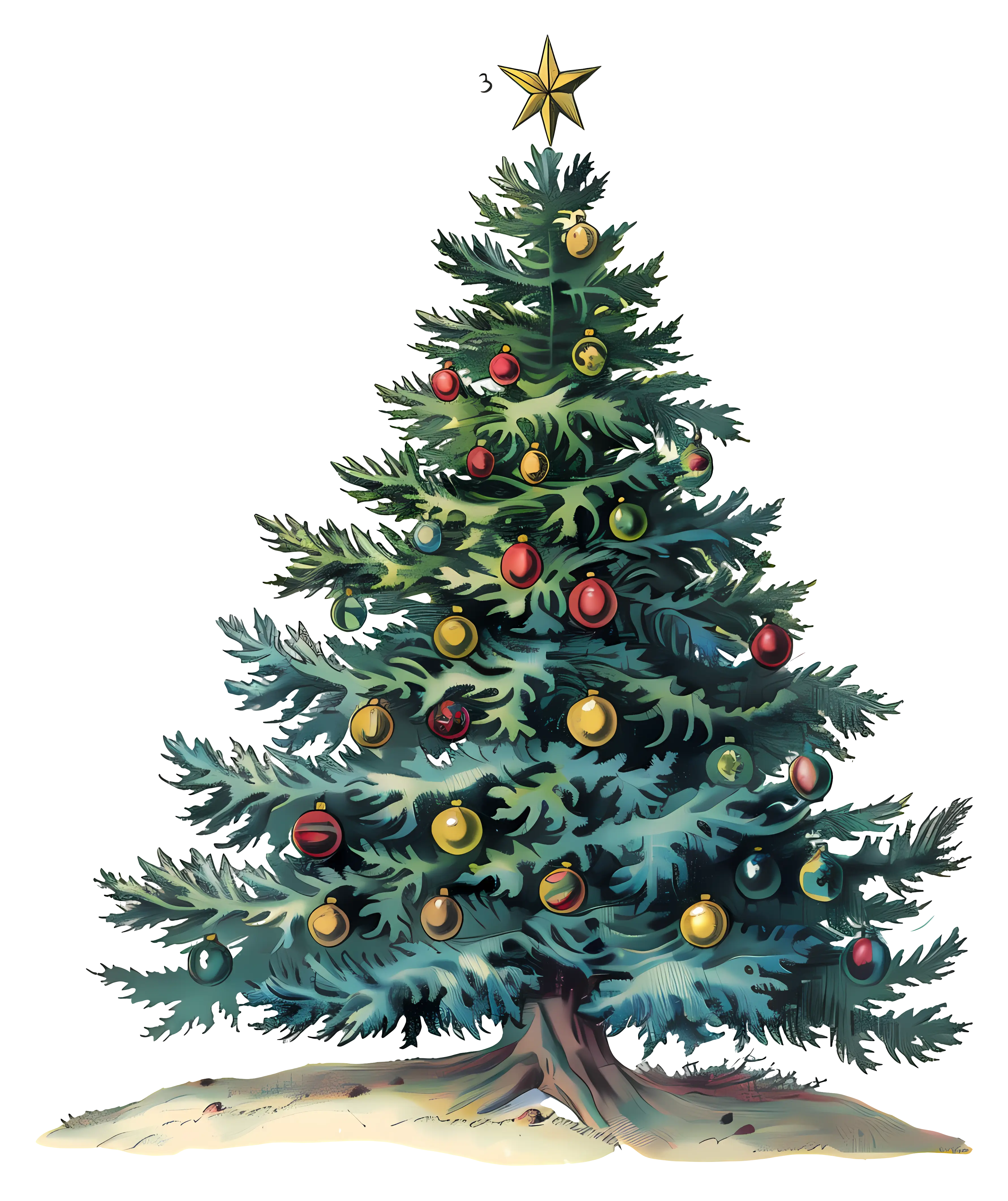 Decorated Green Christmas Tree with Ornaments and Star