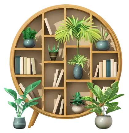 Round Bookshelf with Plants