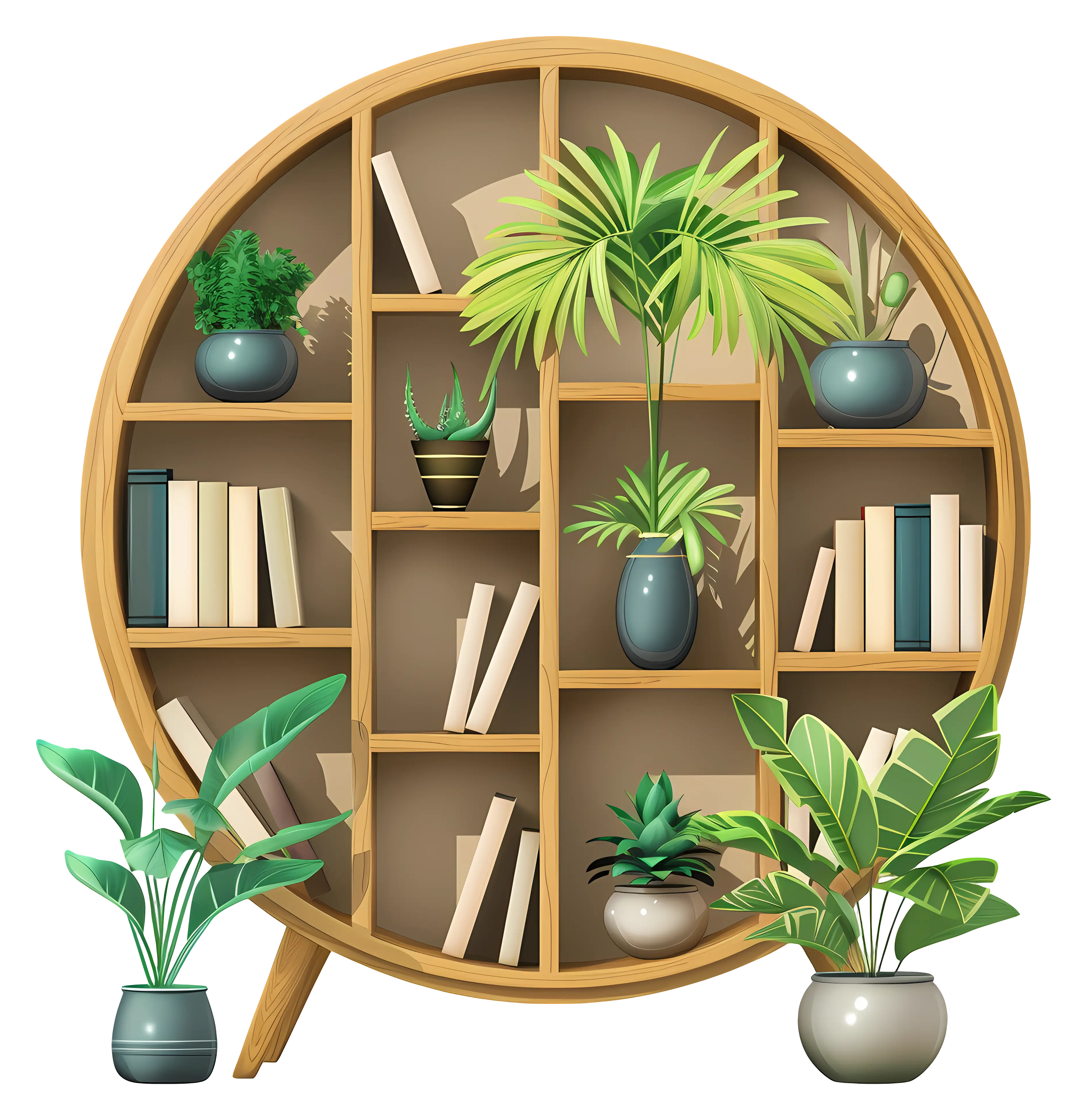 Round Bookshelf with Plants