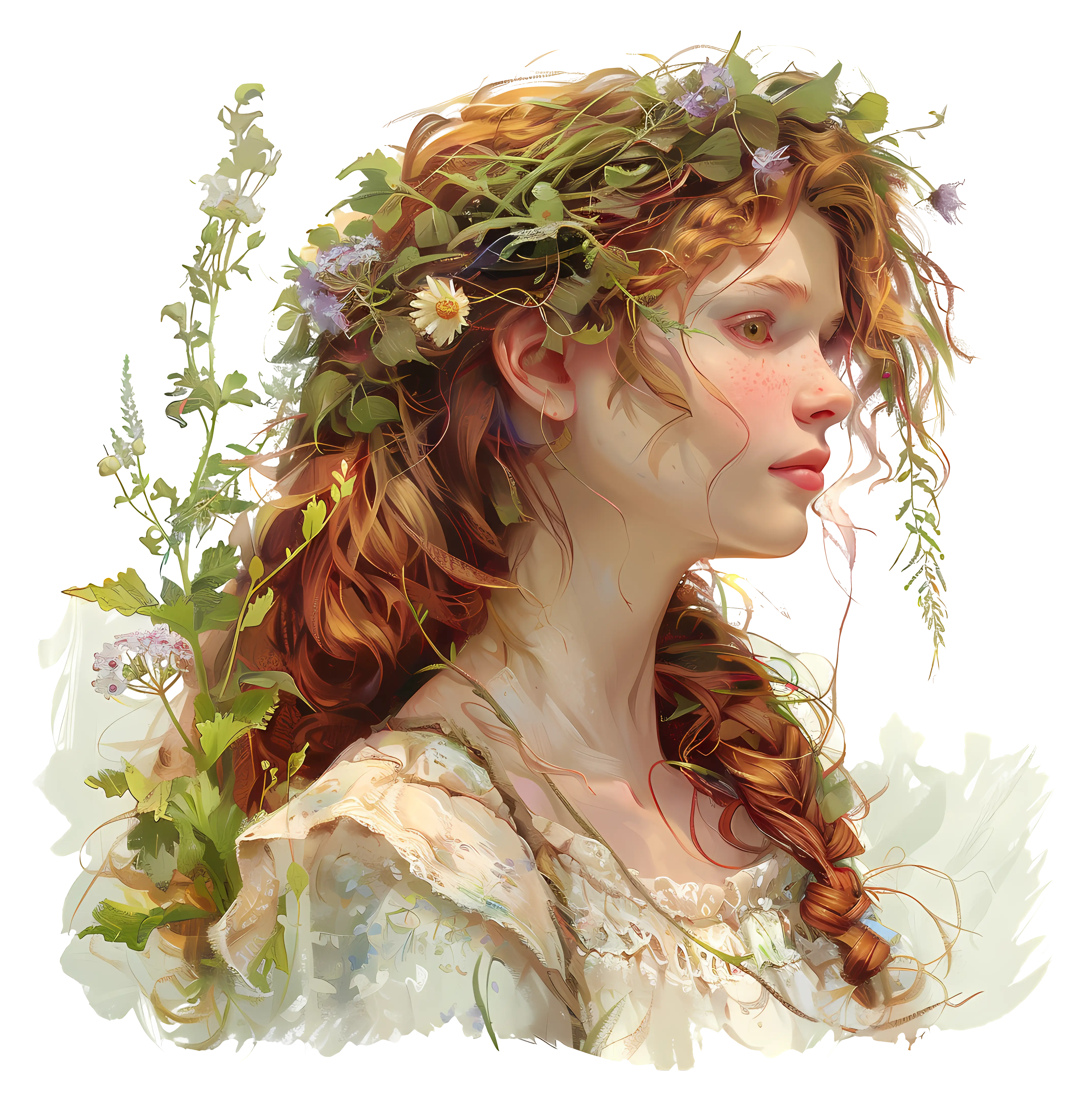 Woman with Dreamy Floral Crown Illustration