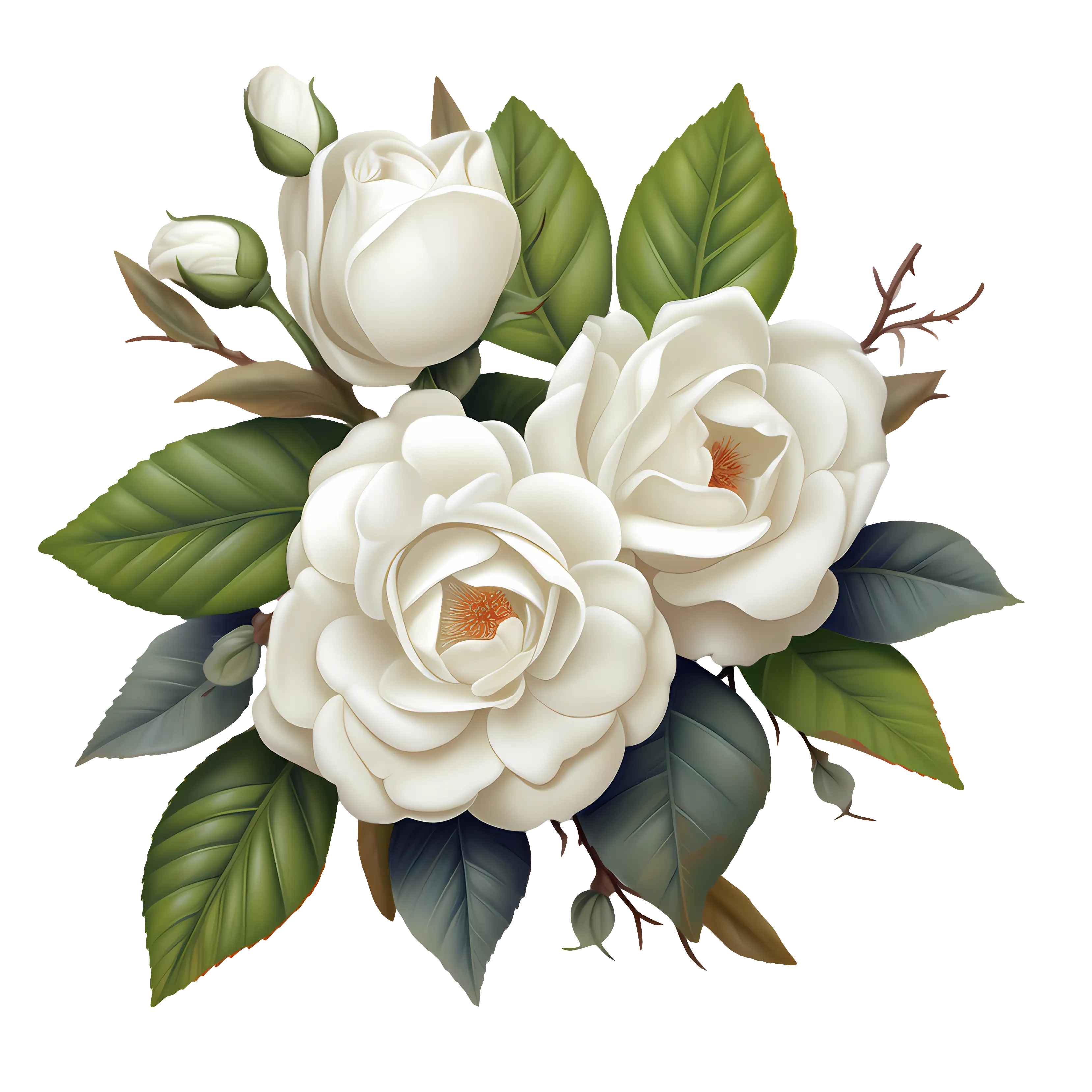 White Roses with Green Leaves in Elegant Style