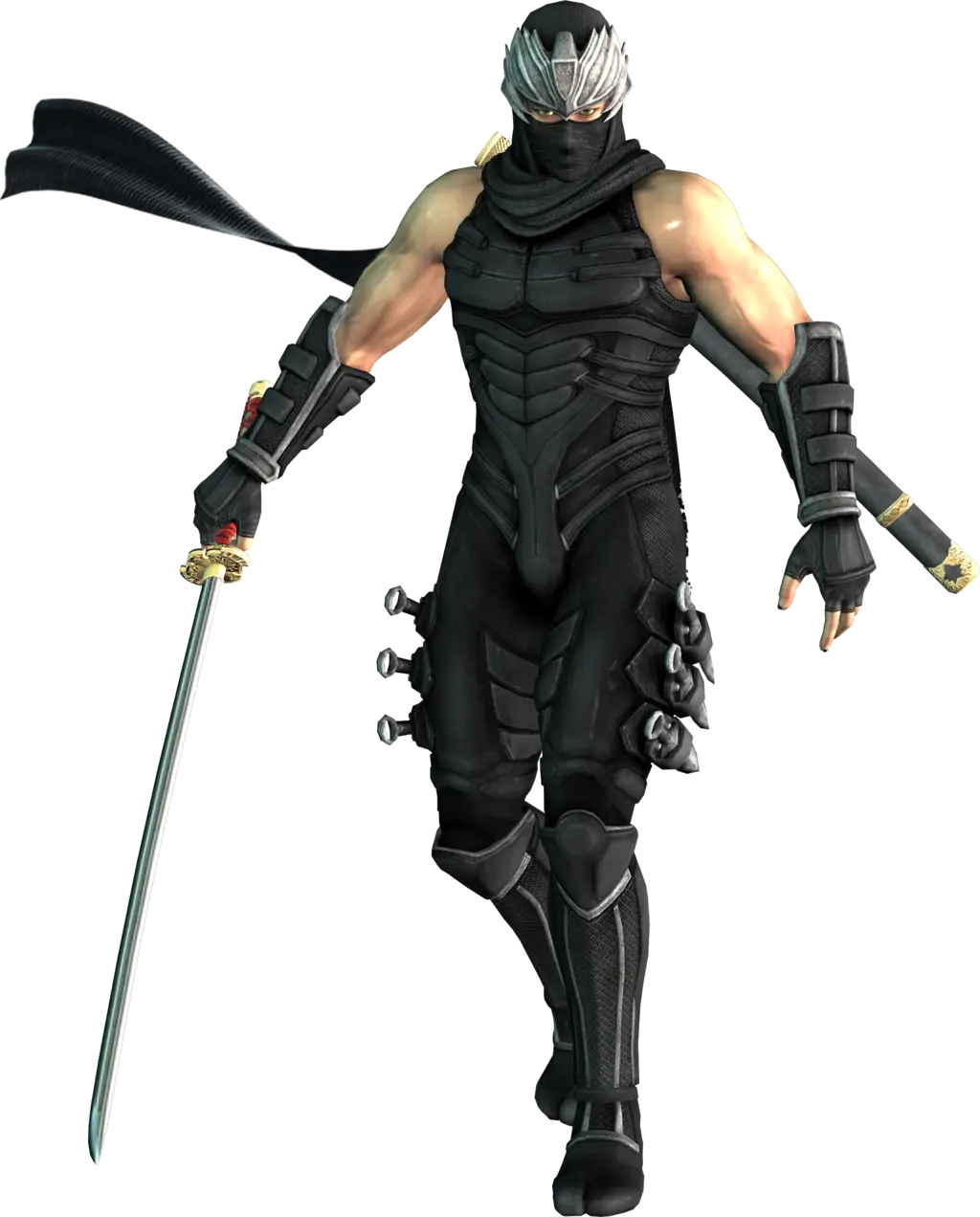 Stealthy Ninja Figure in Black Suit with Swords