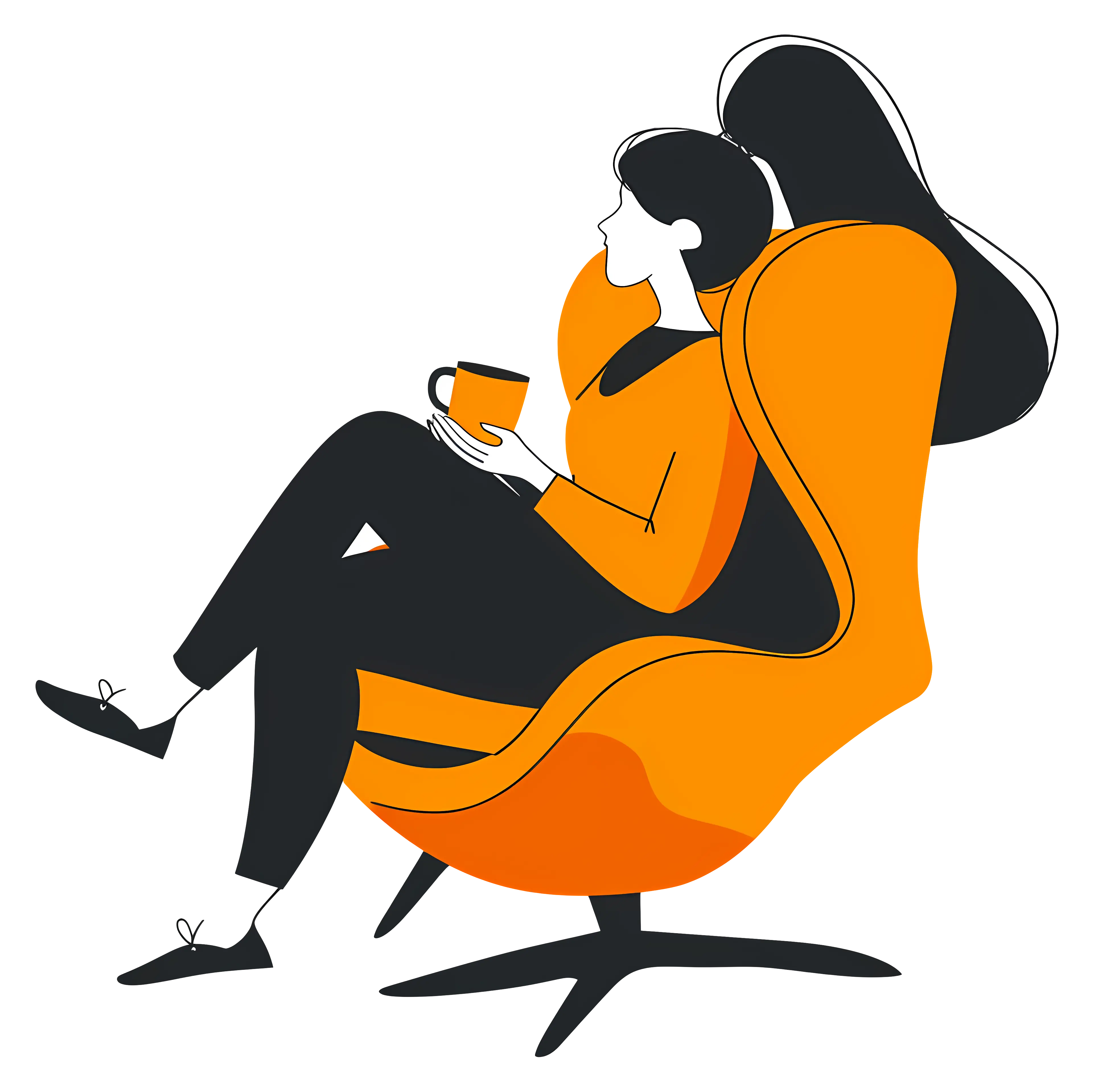 Woman Relaxing with a Cup in an Orange Chair