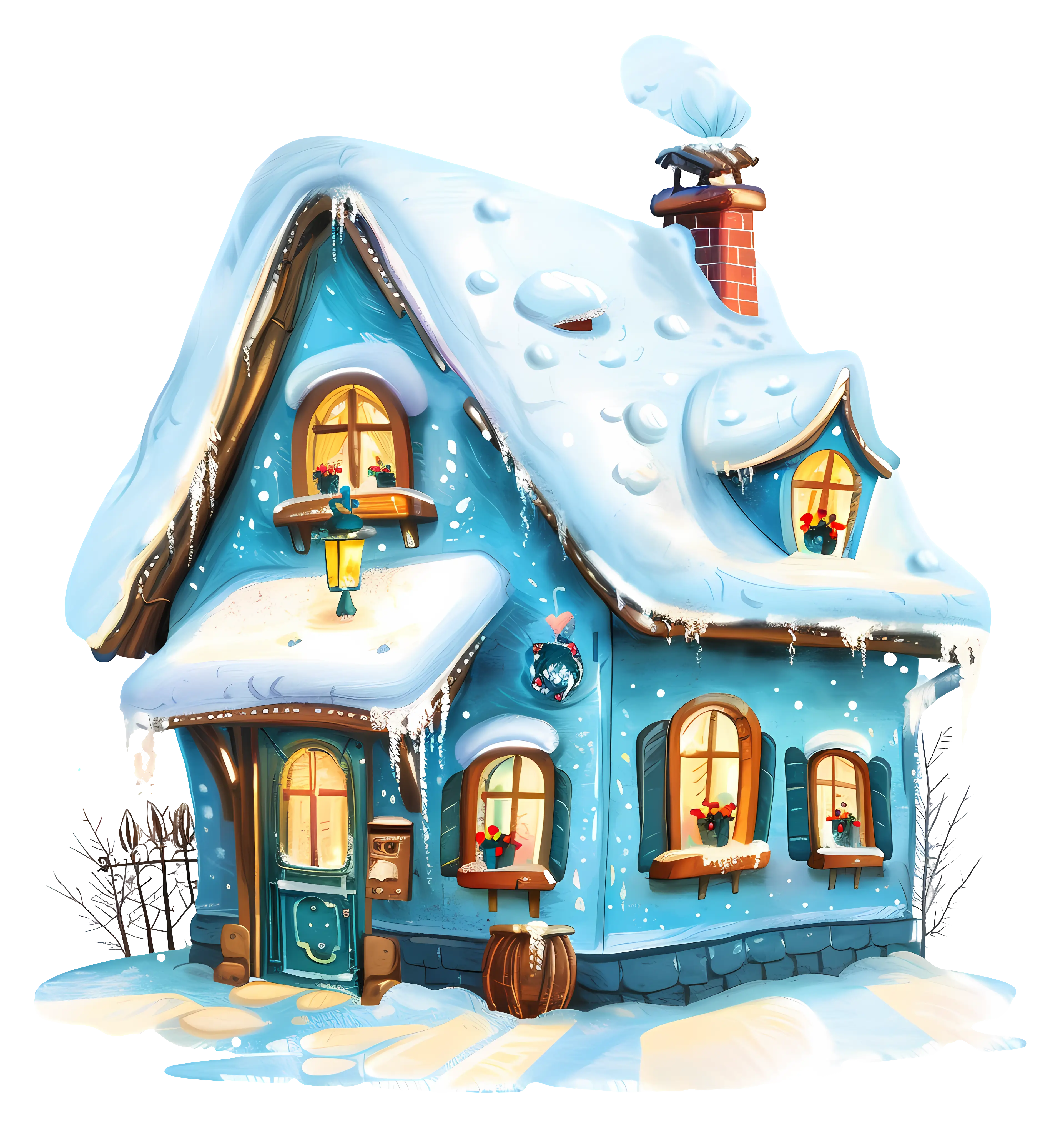 Cozy Snow-covered Blue House in Winter
