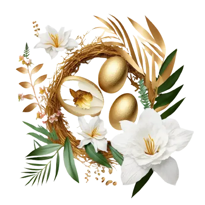 Easter Nest with Golden Eggs and Flowers