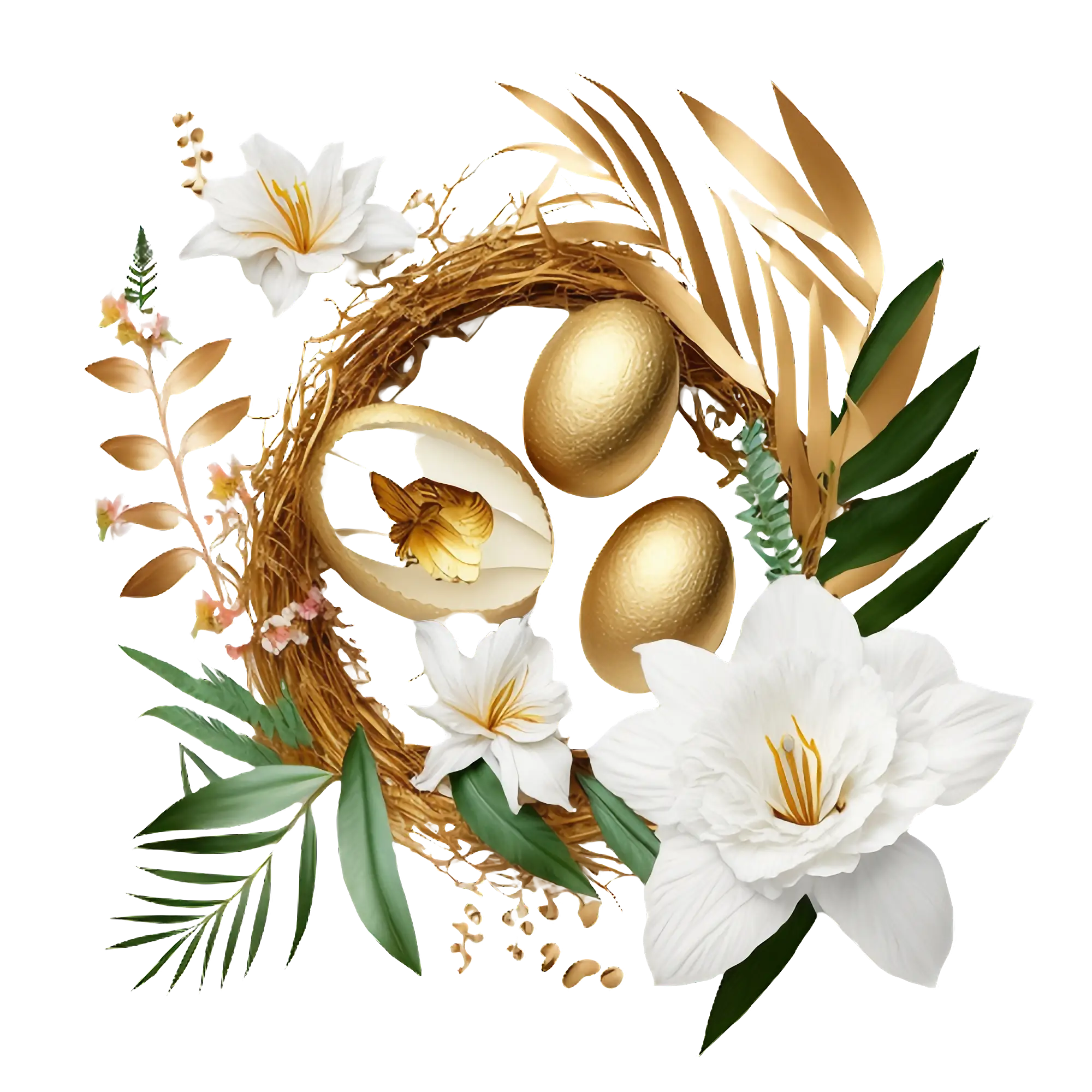 Easter Nest with Golden Eggs and Flowers