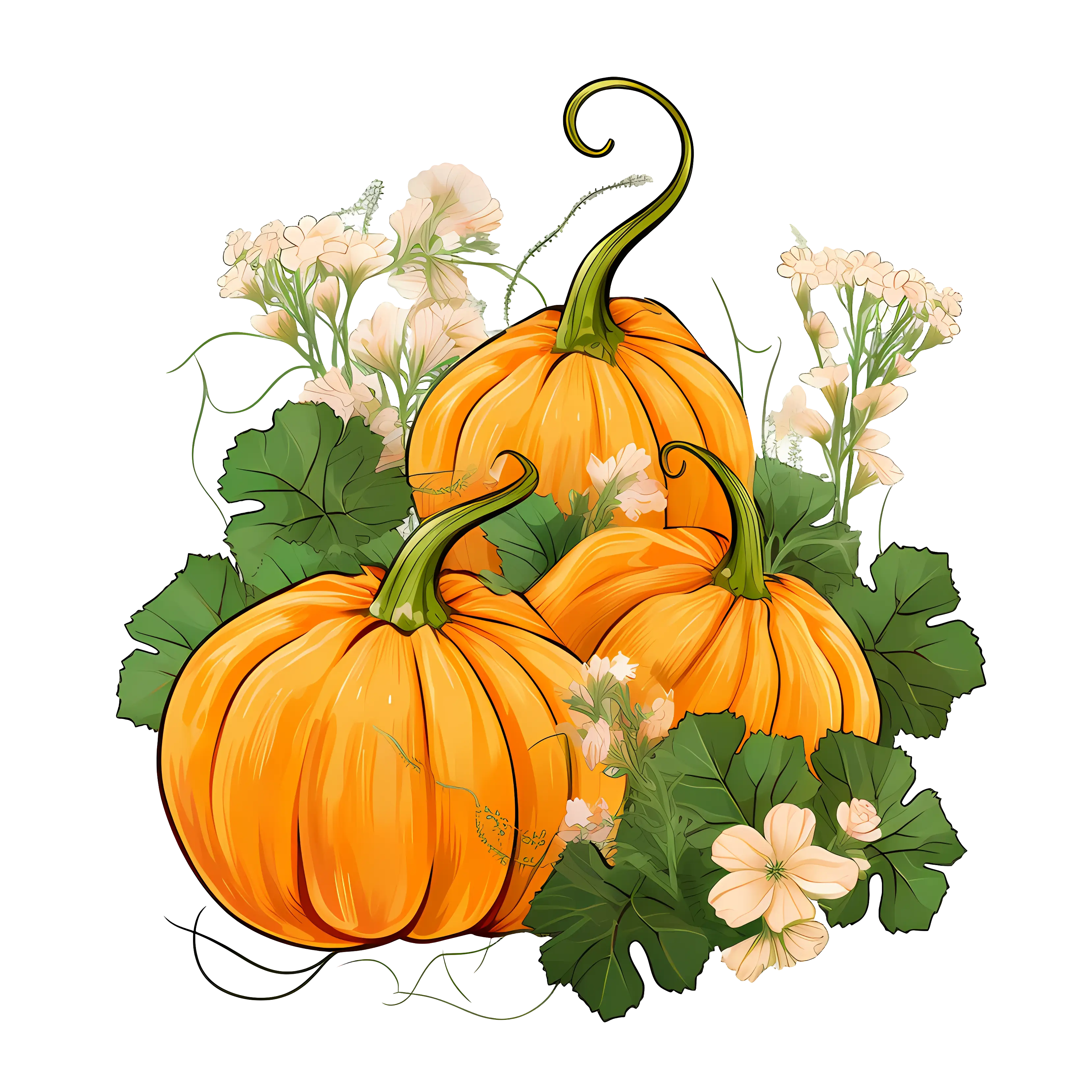 Pumpkins with Flowers and Leaves