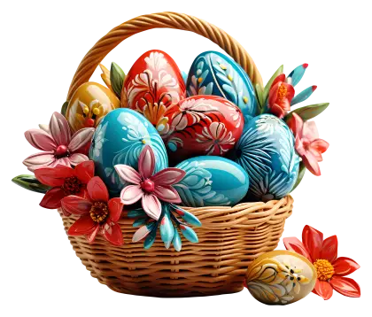 Decorative Easter Eggs in Festive Basket with Flowers