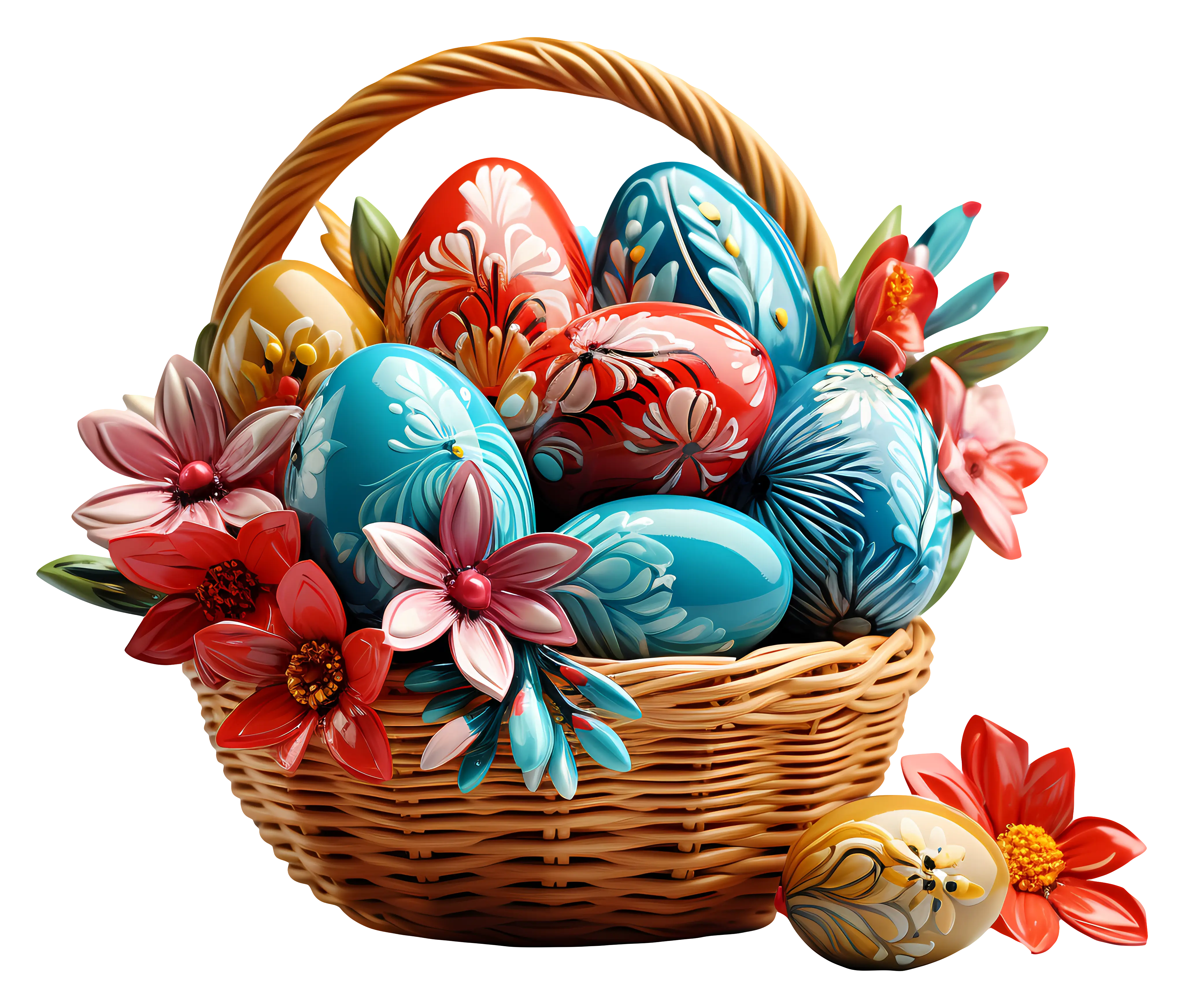 Decorative Easter Eggs in Festive Basket with Flowers