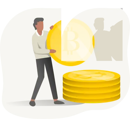 Man Holding Large Coin with Stack of Coins