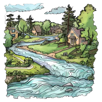 River with Small Houses in Scenic Countryside Illustration
