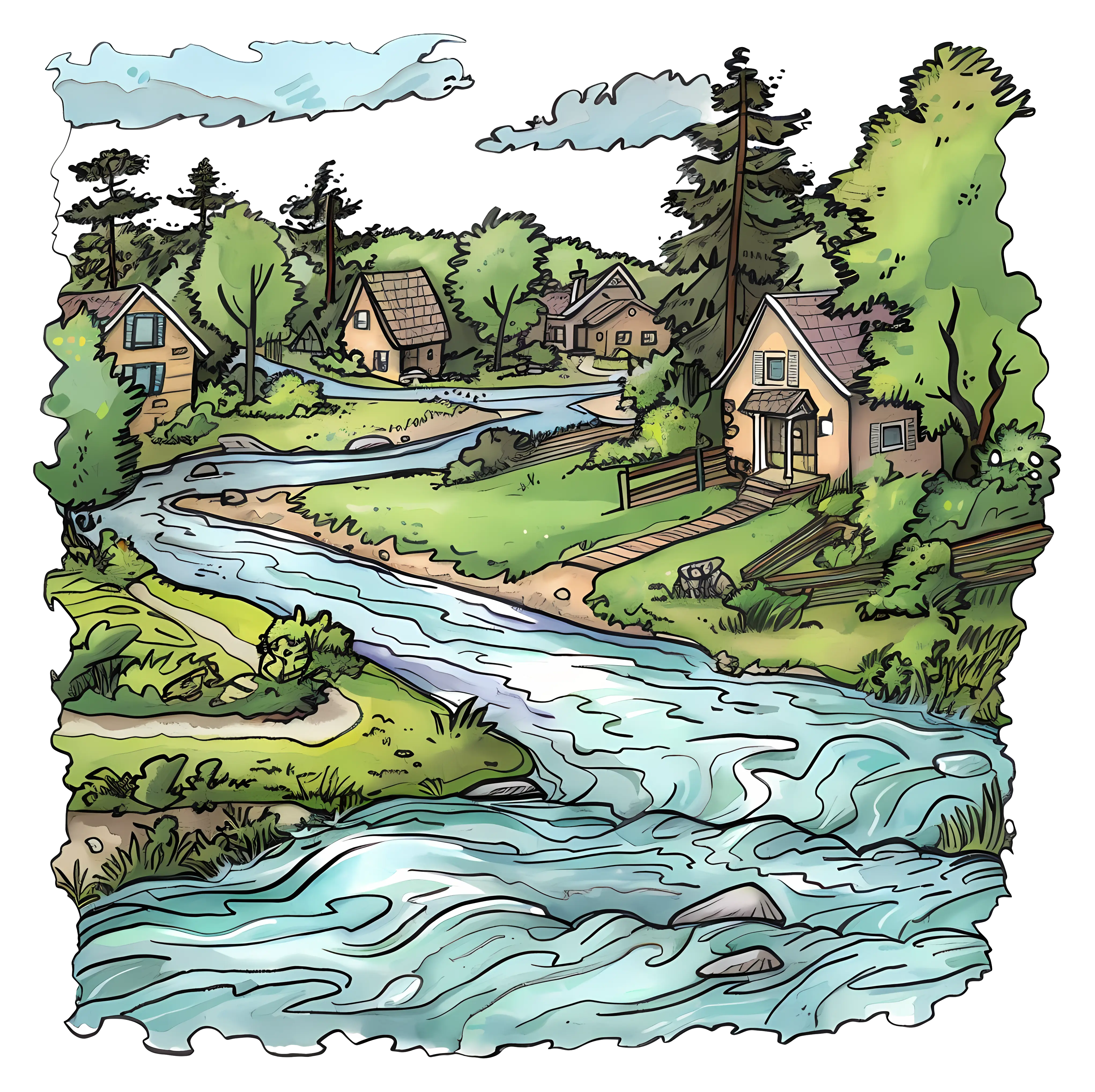 River with Small Houses in Scenic Countryside Illustration