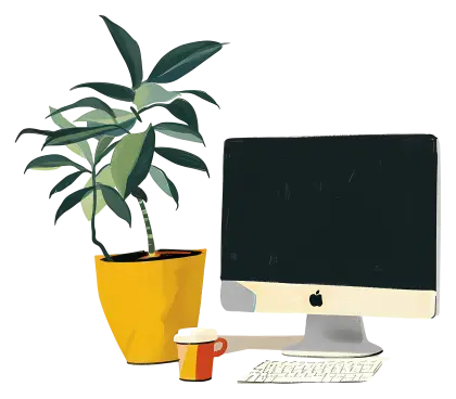 Minimalist Workspace with Computer, Plant, and Coffee