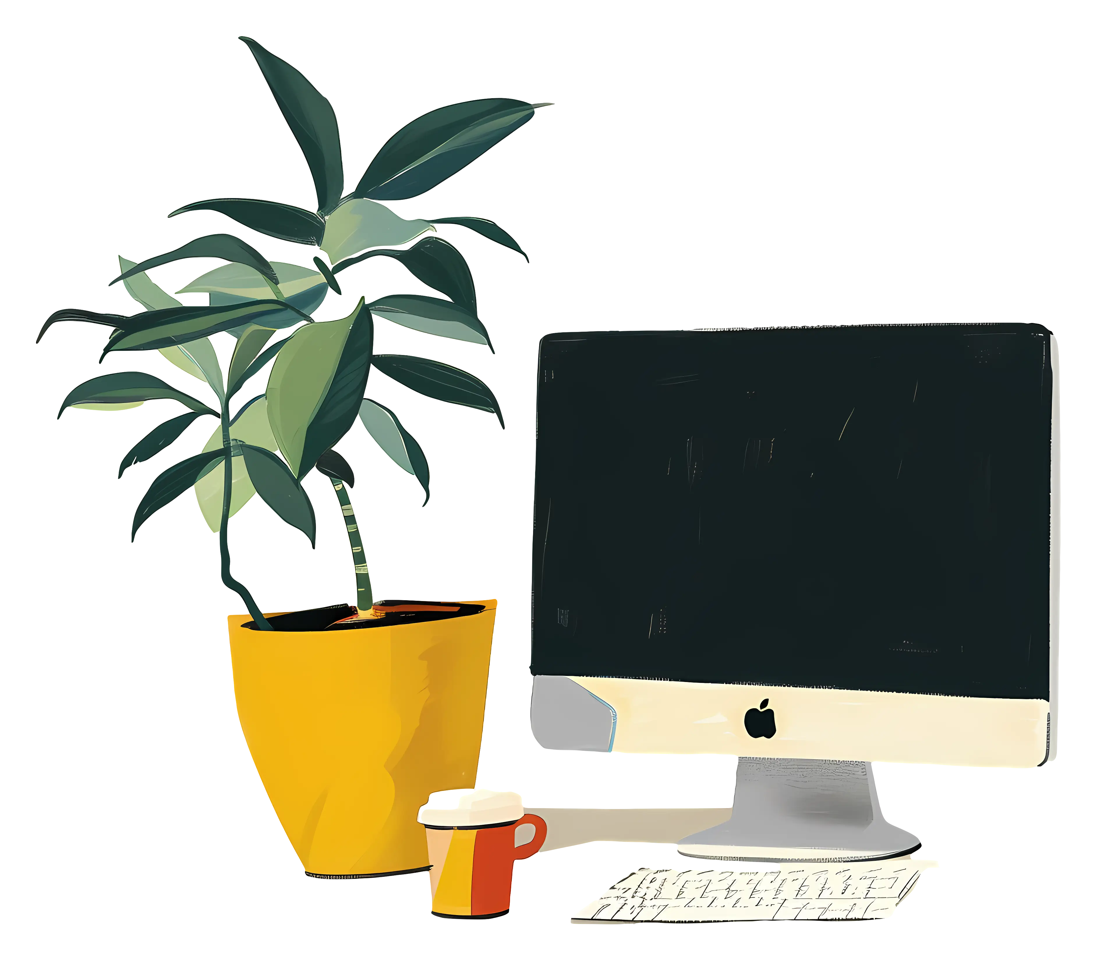 Minimalist Workspace with Computer, Plant, and Coffee