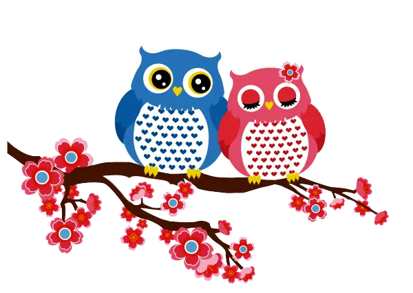 Owls on Branch with Flowers