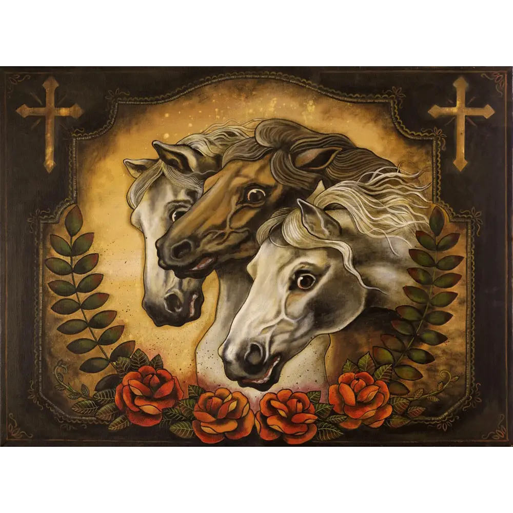 Vintage Horse Painting with Crosses and Roses