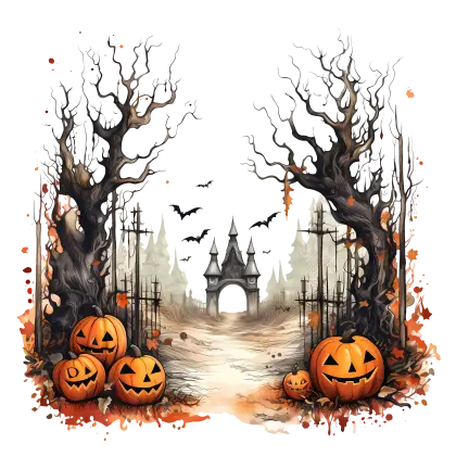 Haunted Pathway with Pumpkins and Dead Trees for Halloween