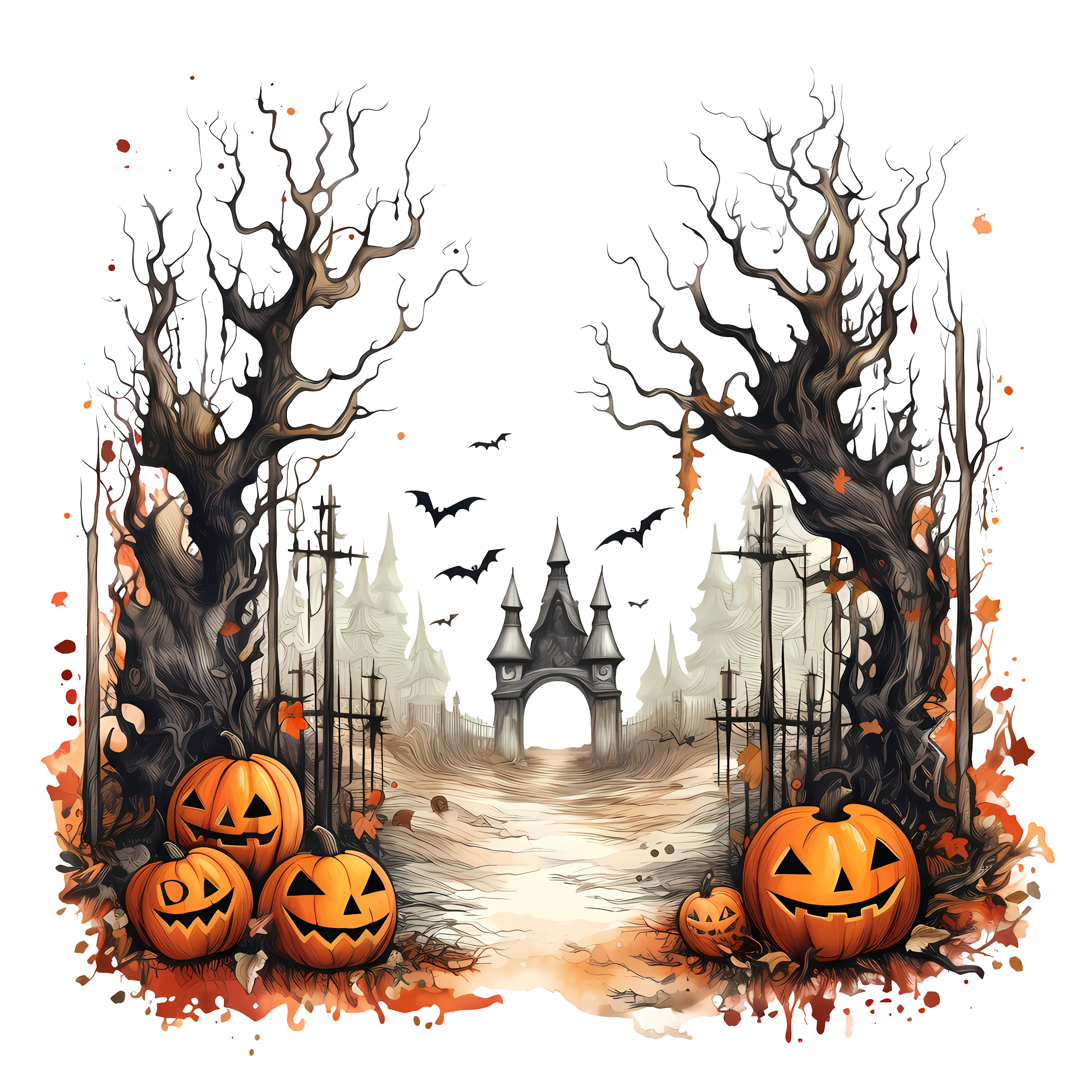 Haunted Pathway with Pumpkins and Dead Trees for Halloween
