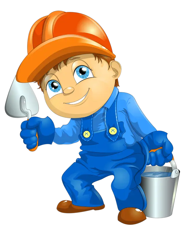 Cartoon Construction Worker with Trowel and Bucket