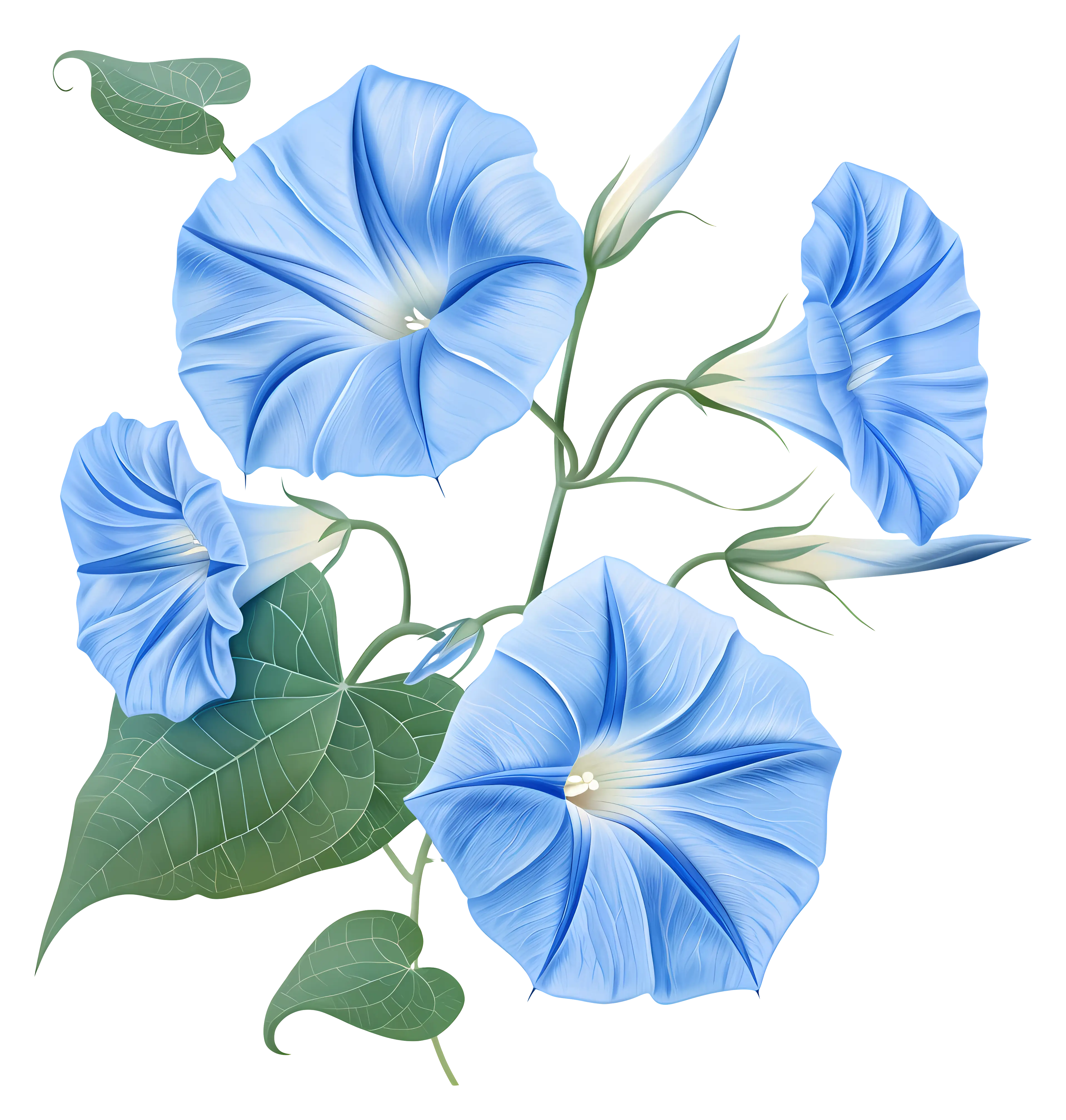 Blue Morning Glory Flowers with Leaves