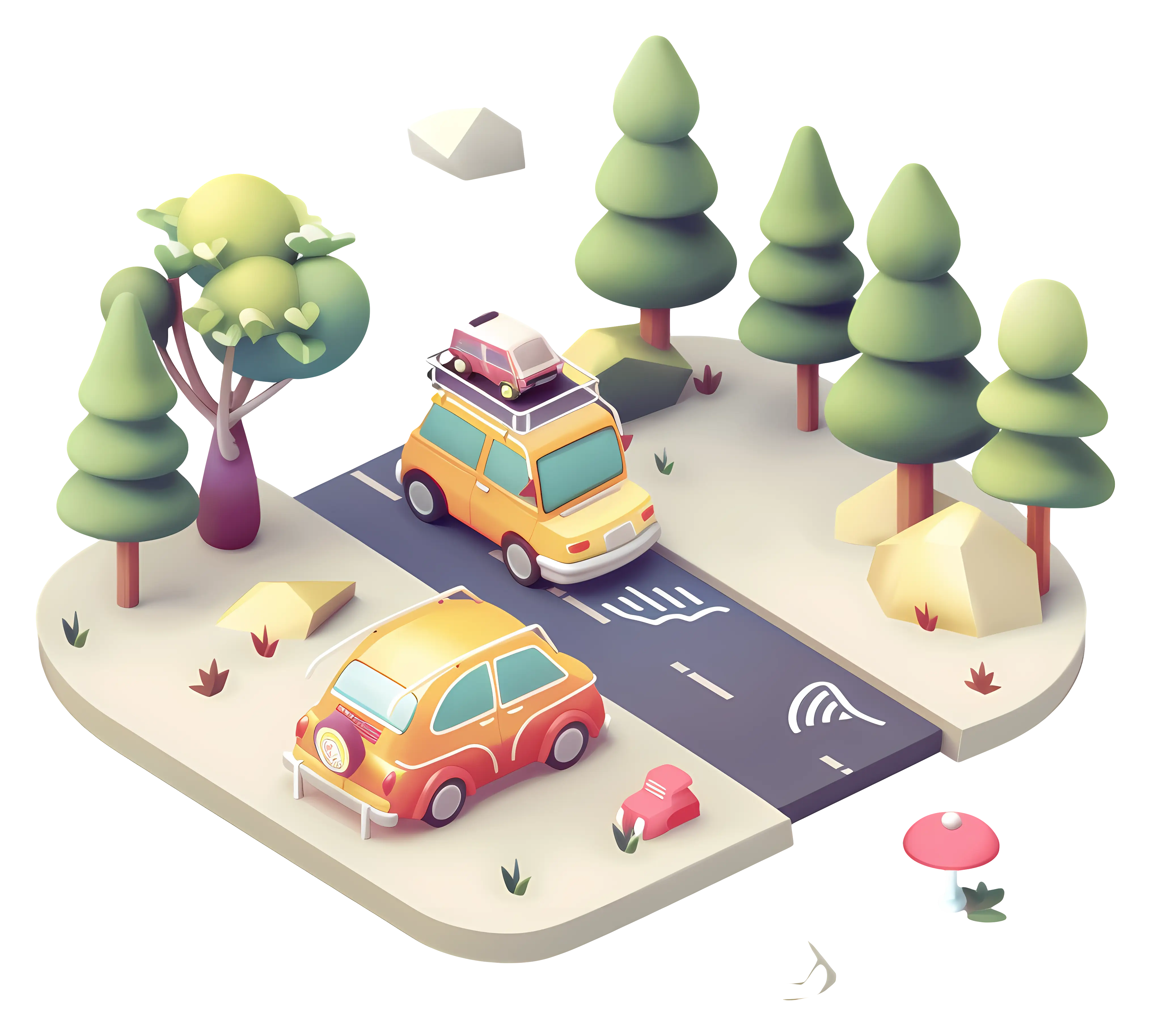 Whimsical Miniature Road Trip Scene with Cars and Trees
