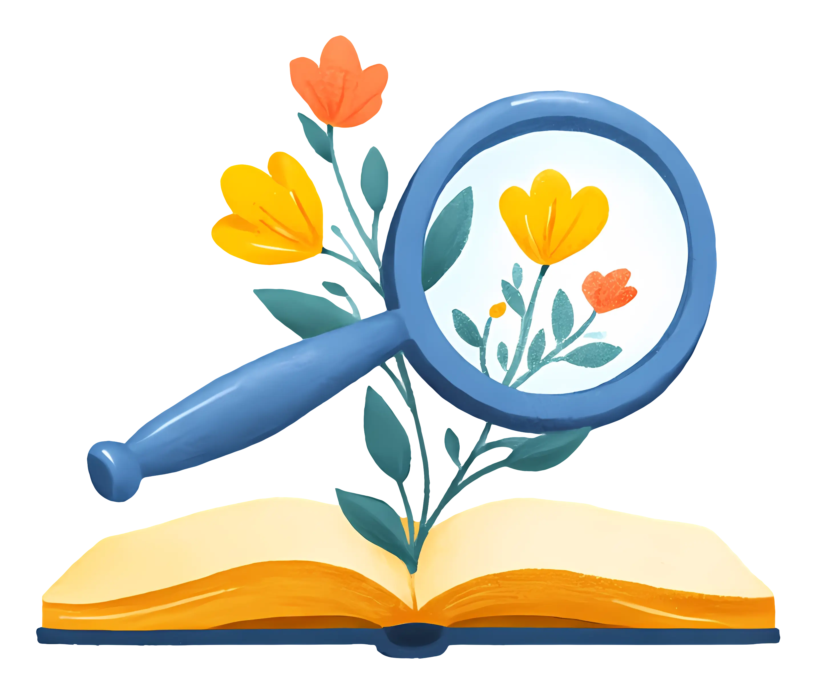 Magnifying Glass with Flowers and Open Book