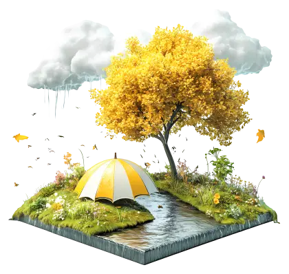 Yellow Tree with Umbrella and Stream