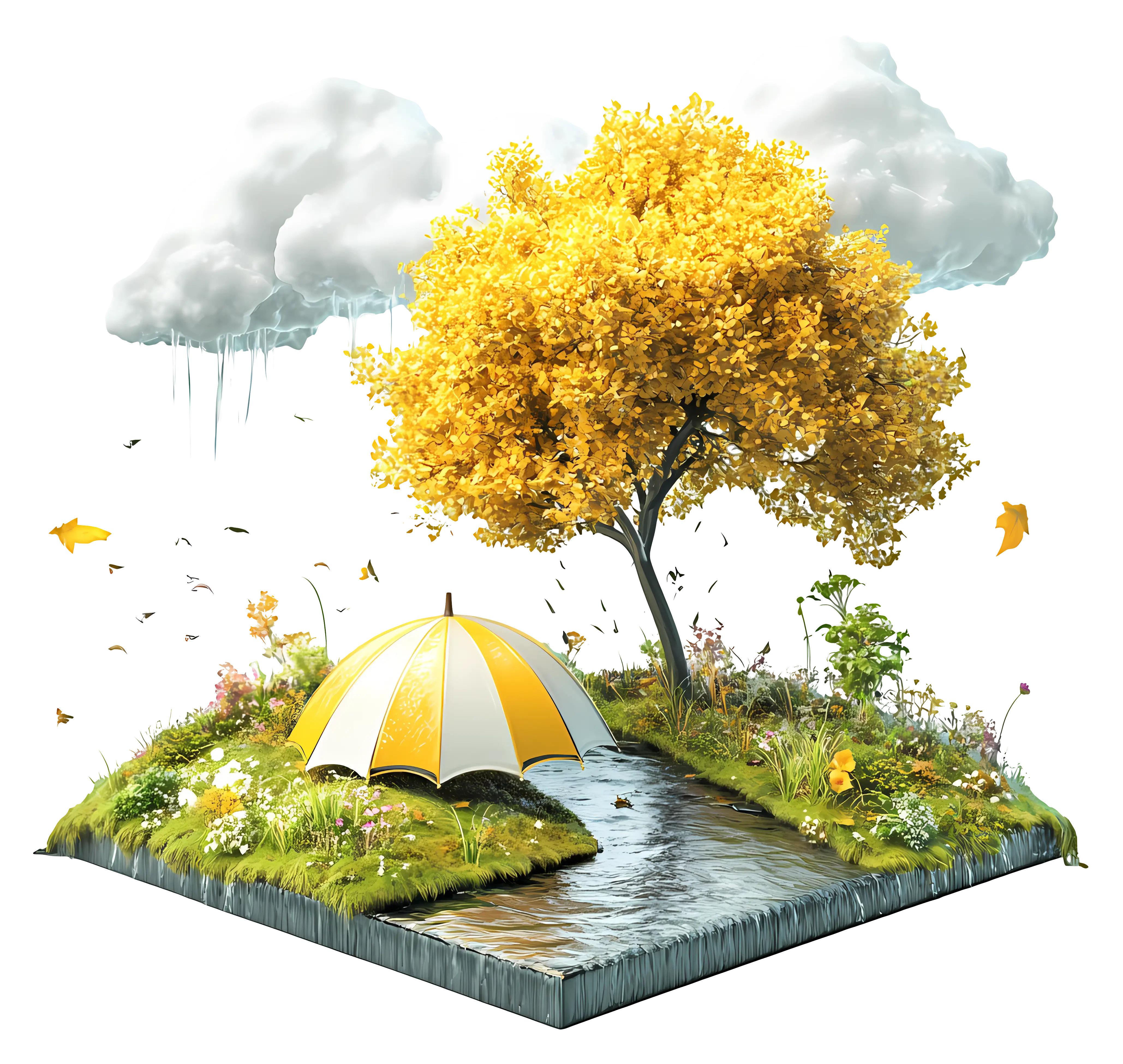 Yellow Tree with Umbrella and Stream